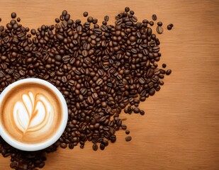 Canvas Print - Beautiful background of coffee beans and a cup of cappuccino