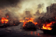 War Scene In The City Digital Illustration, Disaster Urban Background With Destroyed Buildings, Military People And Cars On Fire Concept Art