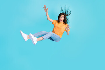 Sticker - Full length photo of anxious embarrassed girl person look empty space fly down isolated on blue color background