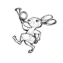Vintage Herald Rabbit With Horn. Cartoon Cute Dancing Bunny, Black And White Hand Drawn Vector Line Art. Coloring Book Page Design.
