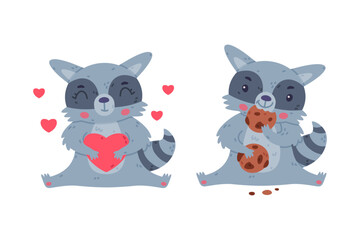 Wall Mural - Funny Raccoon Animal Character with Striped Tail Holding Heart and Eating Cookie Vector Set