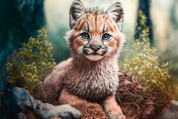 Cute funny tiny puma in a forest