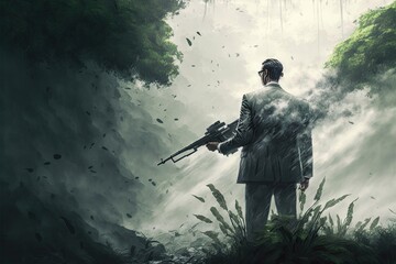 Wall Mural - Masked man in a suit with a rifle, green foliage background.