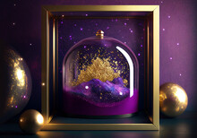 Purple And Gold Kinetic Sand In A Glass Case, Enclosed In A Golden Frame Structure, Artistic Abstract Creation