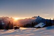 falling sun, sunset in winter wonderland