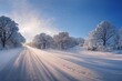 winter panorama on the road, snowy postcard concept