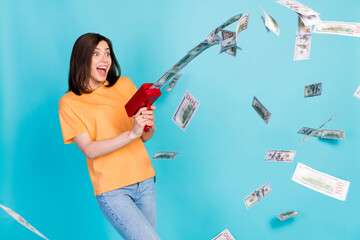 Wall Mural - photo of joyful cheerful lady look empty space win lottery celebrate rejoice waste money luxury life