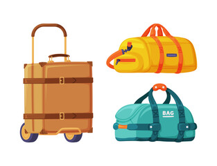 Wall Mural - Travel Suitcase with Wheels and Bag with Handle as Packed Luggage for Traveling Vector Set