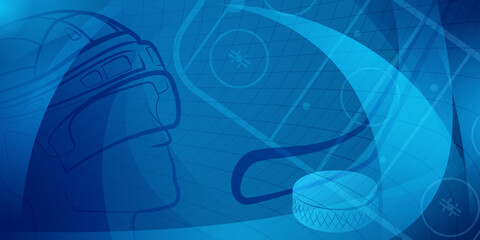 Sticker - Abstract background in blue colors with different hockey symbols such as puck, stick, helmet, ice rink