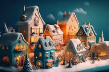 A Toy Christmas Village In The Snow