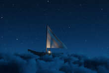 3D Rendering Of Abandoned Wooden Boat With Waving Canvas Over Fluffy Night Clouds. Illuminated From A Storm Lantern