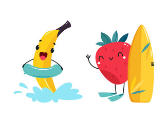 Wall Mural - Banana and Strawberry as Summer Fruit Character with Rubber Ring and Surfboard Vector Set