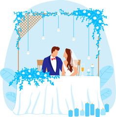 Wall Mural - Bride and groom table, wedding celebration design, vector illustration. Romantic decoration for love marrige event. Happy flat married people