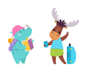 Canvas Print - Cute Elk and Rhino Traveler with Smartphone and Suitcase Having Journey on Vacation Vector Set