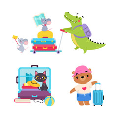 Wall Mural - Cute Bear and Crocodile Traveler with Map and Suitcase Having Journey on Vacation Vector Set