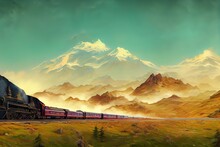 Running Train Through Mountains. Fiction Backdrop. Concept Art. Realistic Illustration. Video Game Digital CG Artwork. Nature Scenery.