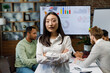 © YURII MASLAK - Confident happy smiling diverse asian woman, startup team leader, standing against background of mixed race office workers or business people with arms crossed or clasped, looking at camera.