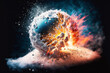 Huge exploding snowball consumed with vivid fire and expansion gases and remnants. Abstract art 