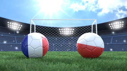 Two soccer balls in flags colors on stadium blurred background. France vs Poland. 3d image