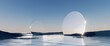 canvas print picture 3d render, abstract minimalist background, nordic futuristic landscape, fantastic tranquil seascape with calm water, round mirror disk and pastel blue gradient sky. Fantasy scene wallpaper