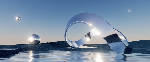 Canvas Print - 3d render, abstract futuristic background, northern panoramic landscape, fantastic scenery with calm water, geometric glossy chrome infinity shape and blue gradient sky. Minimal aesthetic wallpaper