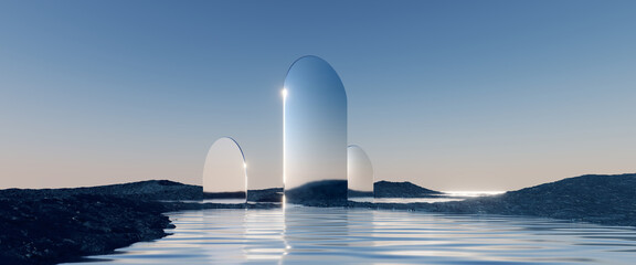Wall Mural - 3d render, abstract panoramic background, northern futuristic landscape, fantastic scenery with calm