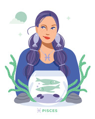 Pisces zodiac sign. Horoscope. Illustration of Pisces astrological sign of beautiful girl with fish. Fish bowl. Coral. Earings. Vector art.