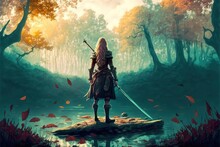Fantasy Warrior Girl With A Sword Near A Pond
