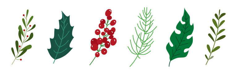 Aufkleber - Set of winter leaf and berries illustration for design element. Vintage floral hand drawn ornament for Christmas design