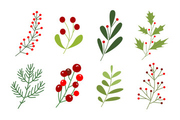 Aufkleber - Set of winter leaf and berries illustration for design element. Vintage floral hand drawn ornament for Christmas design