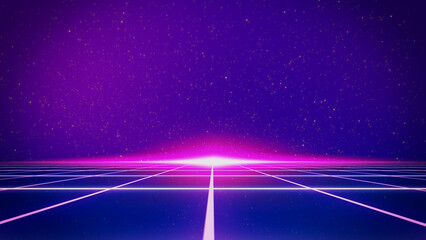 Poster - Retro style 80s-90s galaxy background. Futuristic Grid landscape. Digital Cyber Surface. Suitable for design in the style of the 1980s-1990s. 3D illustration