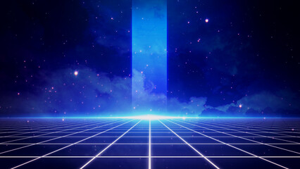 Aufkleber - Retro style 80s-90s galaxy background. Futuristic Grid landscape. Digital Cyber Surface. Suitable for design in the style of the 1980s-1990s. 3D illustration