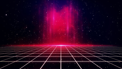 Aufkleber - Retro style 80s-90s galaxy background. Futuristic Grid landscape. Digital Cyber Surface. Suitable for design in the style of the 1980s-1990s. 3D illustration
