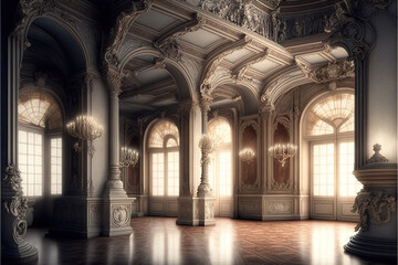 an empty glamorous rococo baroque ballroom