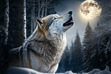 A gray wolf in a winter forest howls at the moon at night. Digital artwork
