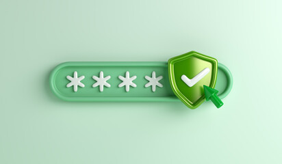 Fototapete - Password secure login access with shield check mark, 3d rendering illustration