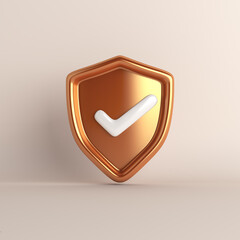 Fototapete - Gold shield with check mark, secured protection concept, 3d rendering illustration