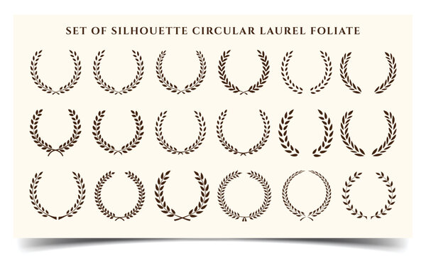 Set black silhouette circular laurel foliate, wreaths award, achievement, heraldry, nobility. award laurel wreaths and branches vector illustration.