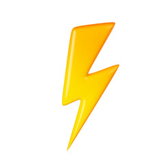 3D render flash, lightning, sale yellow thunder bolt storm charges Electricity, blitz strike digital element. Discount, bright idea concept Illustration in cartoon plastic style on white background