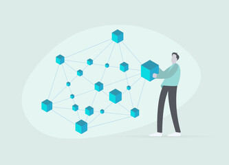 Aufkleber - Blockchain network concept. Cartoon character a participant in a decentralized network validates a block with transaction and adds it to the general blockchain network.