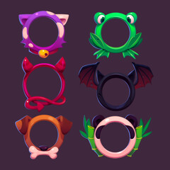 Poster - Game avatar frames with different animals. Empty circle frames in shape of cat, frog, dog, panda, bat and devil with horns, vector cartoon set isolated on background