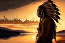 Native American Indian Chief At Sunset Art,generative Ai	