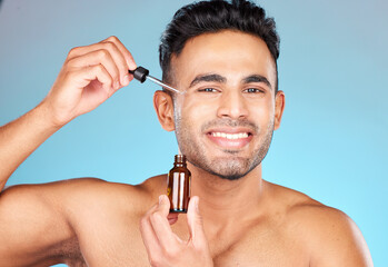 Sticker - Skincare, health and portrait of man with serum on face for anti aging and glowing skin on blue background. Beauty, facial and male model with smile and collagen oil product in pipette for treatment.