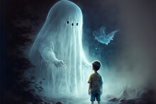 A Huge Cute Ghost Is Trying To Scare The Boy