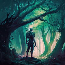 Elf Warrior Stands In A Magical Forest
