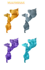 Wall Mural - Set of vector polygonal maps of Mozambique. Bright gradient map of country in low poly style. Multicolored Mozambique map in geometric style for your infographics. Artistic vector illustration.