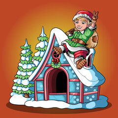 Wall Mural - Elf Christmas sit on pine tree house cartoon