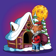 Wall Mural - Fox with gift at night christmas house