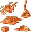 caramel candy set sketch hand drawn vector chocolate sugar food, toffee dessert, cream sauce vintage color line illustration