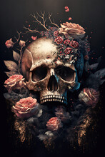 Human Skull And Flowers On A Black Background. Day Of The Dead. 